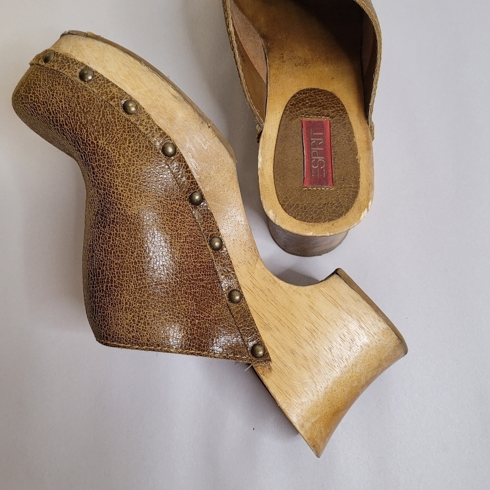 Esprit Vintage Y2K Brown Leather Wood Clogs Chunky Bratz Size 8 - Picture 7 of 10